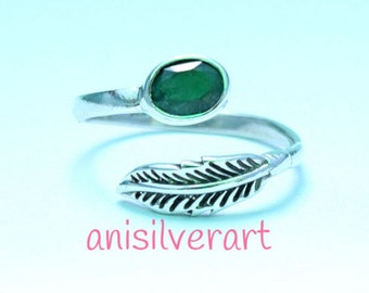 Emerald Ring, Emerald Stone Ring, Adjustable Feather Ring, Sterling Silver Ring, Feather Rings, Leaf Ring, Midi Ring, Girls Ring, Gypsy Ring