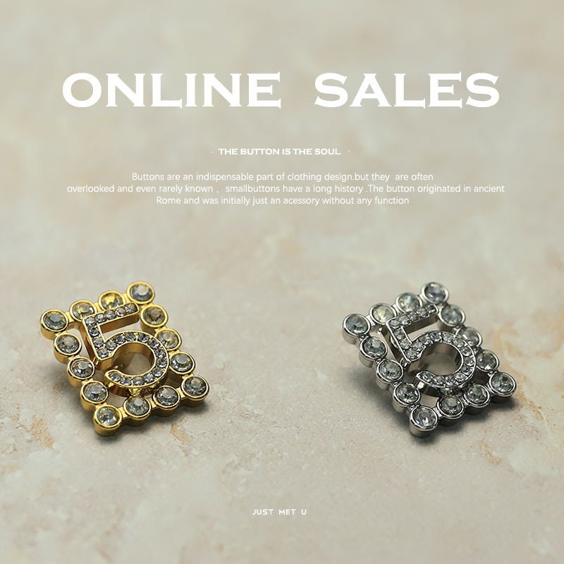2/6/10pcs 20.5x17mm Number With Zircon Metal Buttons Flat