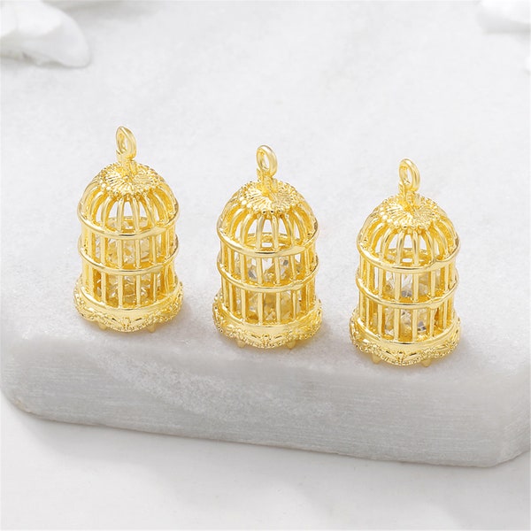 6pcs 12x21mm 24K Gold Brass Zircon Birdcage Pendant,Earring/Necklace Charm Pendant ,High Quality MY1040