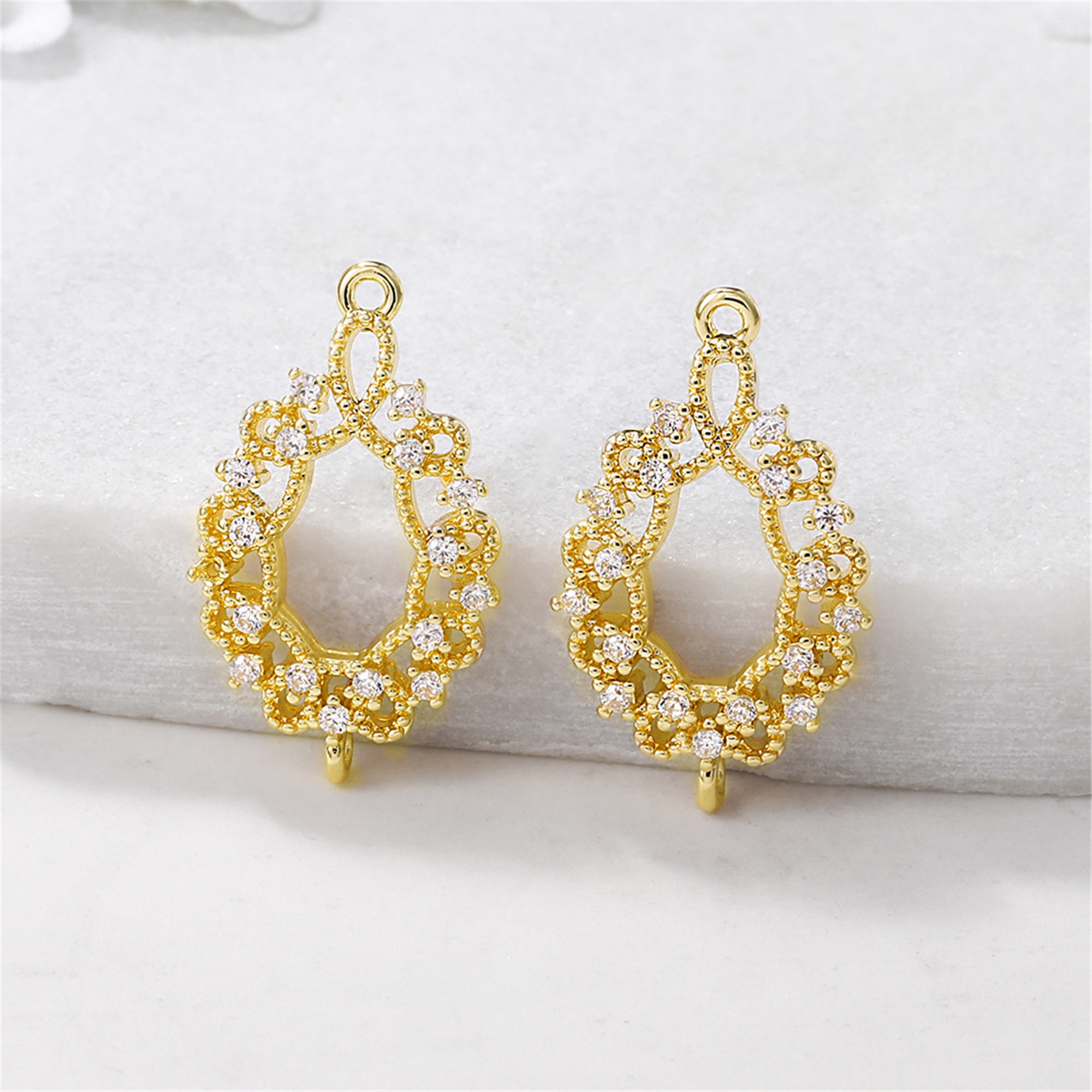 10pcs 14x22mm 24K Gold Brass Zircon Hollow Flower Charm