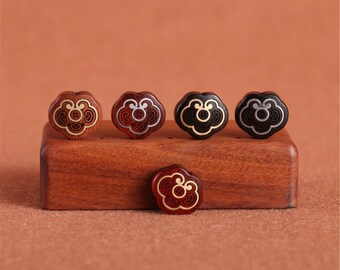 Carved Wooden Beads Pendants: Rosewood, Ebony, Brass Inlay (10pcs)