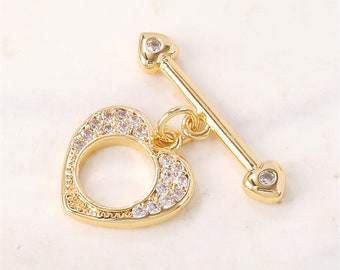 10 Sets of 16*20mm 24K Gold Plated Brass Zircon Love Heart OT Clasp Connector For Bracelet Necklace Component MY297