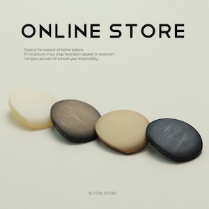 Könnte beinhalten: Vier Knöpfe in verschiedenen Farben, ein weißer, ein brauner, ein beiger und ein schwarzer Knopf. Die Knöpfe sind in einer Reihe auf einer weißen Oberfläche angeordnet. Der Text "BUTTON STUDIO" befindet sich am unteren Rand des Bildes.