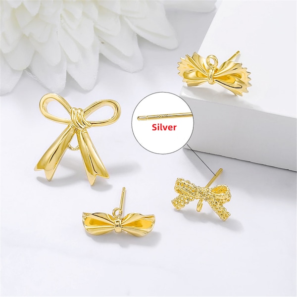 4/10pcs 24K Gold Vermeil Brass Bow Tie Earrings Stud Connector, Silver Needle Earring Hook, ,Ear Clip,High Quality MY1208