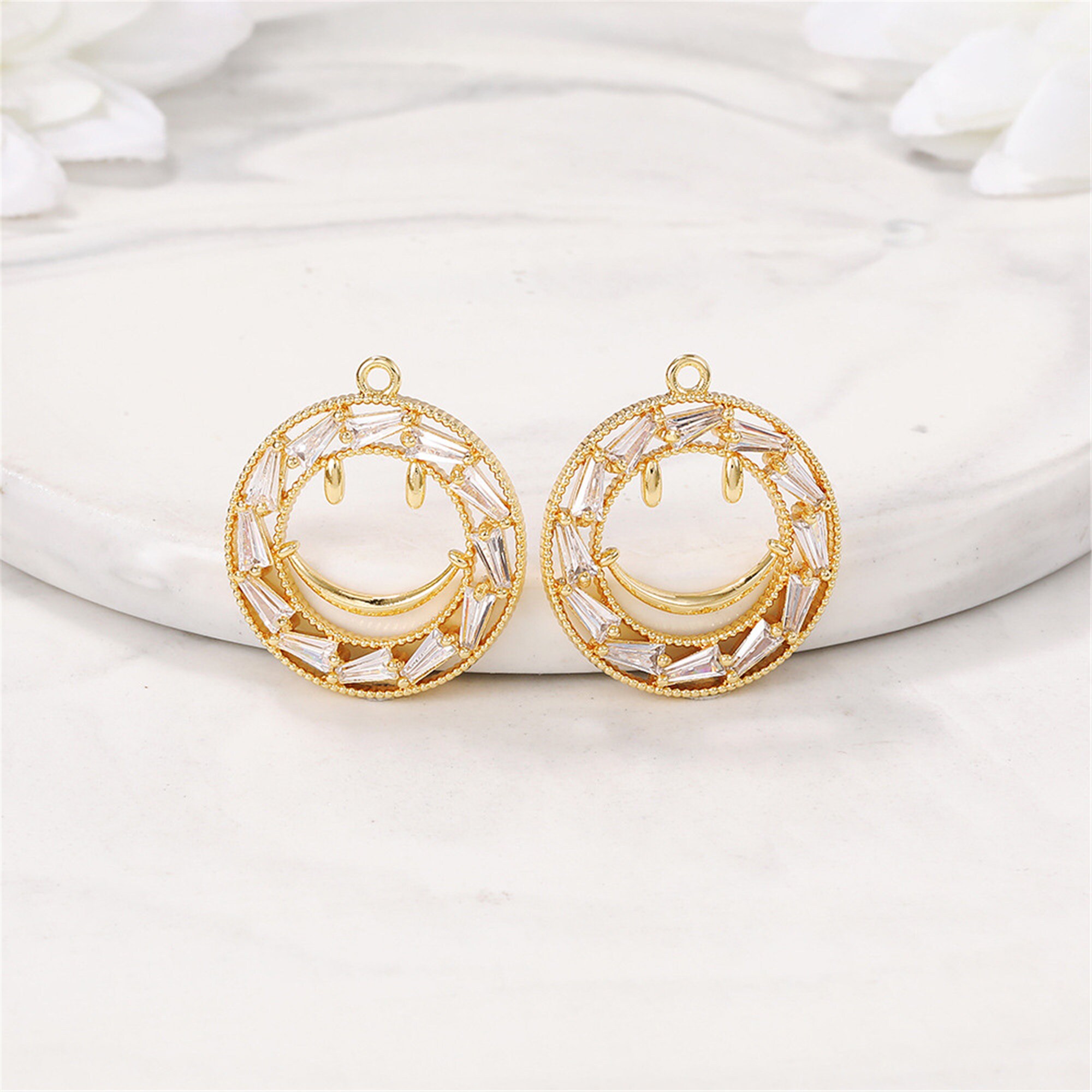 ♡E♡  24CM 6pcs 19.5x19.5mm 24K Gold Brass Zircon Smiley Charm ,earring