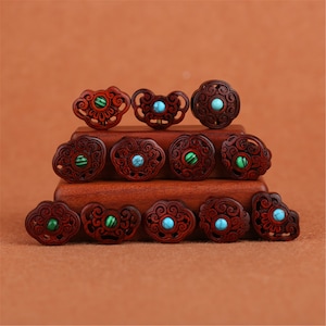 10PCS Natural Red Sandalwood Inlaid Turquoise/Malachite Wooden Beads,Carved Wooden Beads Pendants ,DIY Crafts LW013