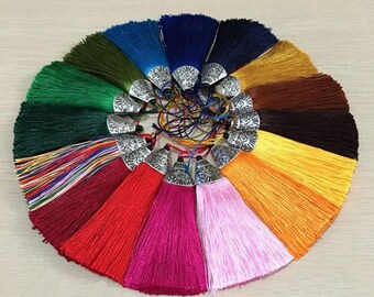 35 couleurs au choix, 80 * 20 MM pompon en soie avec capuchon argenté, artisanat de pompon, pendentif pompon en soie, JR007 extra épais de haute qualité