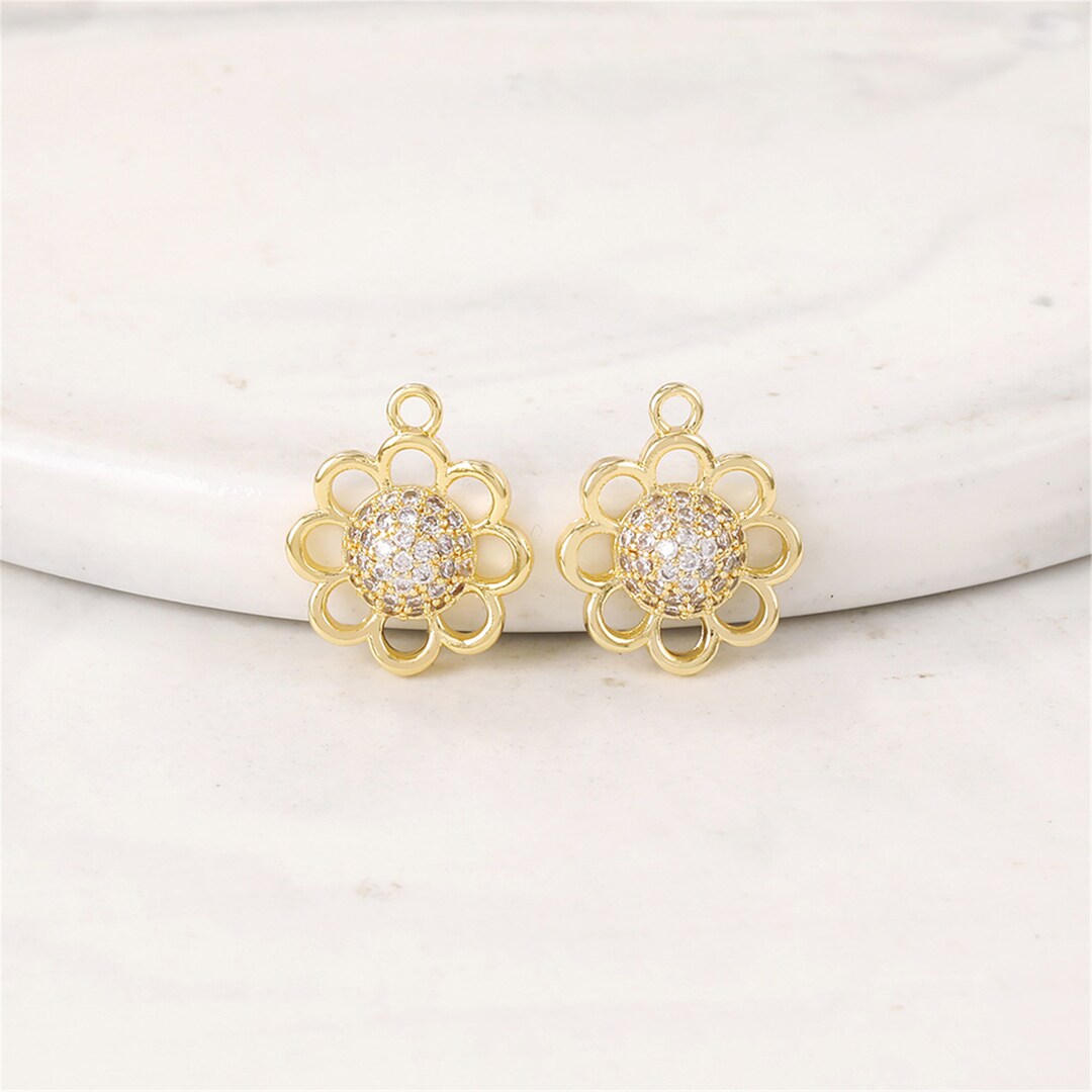 2/6pcs 11.5x11.5mm 24K Gold Vermeil Brass Zircon Flower Charm,earring