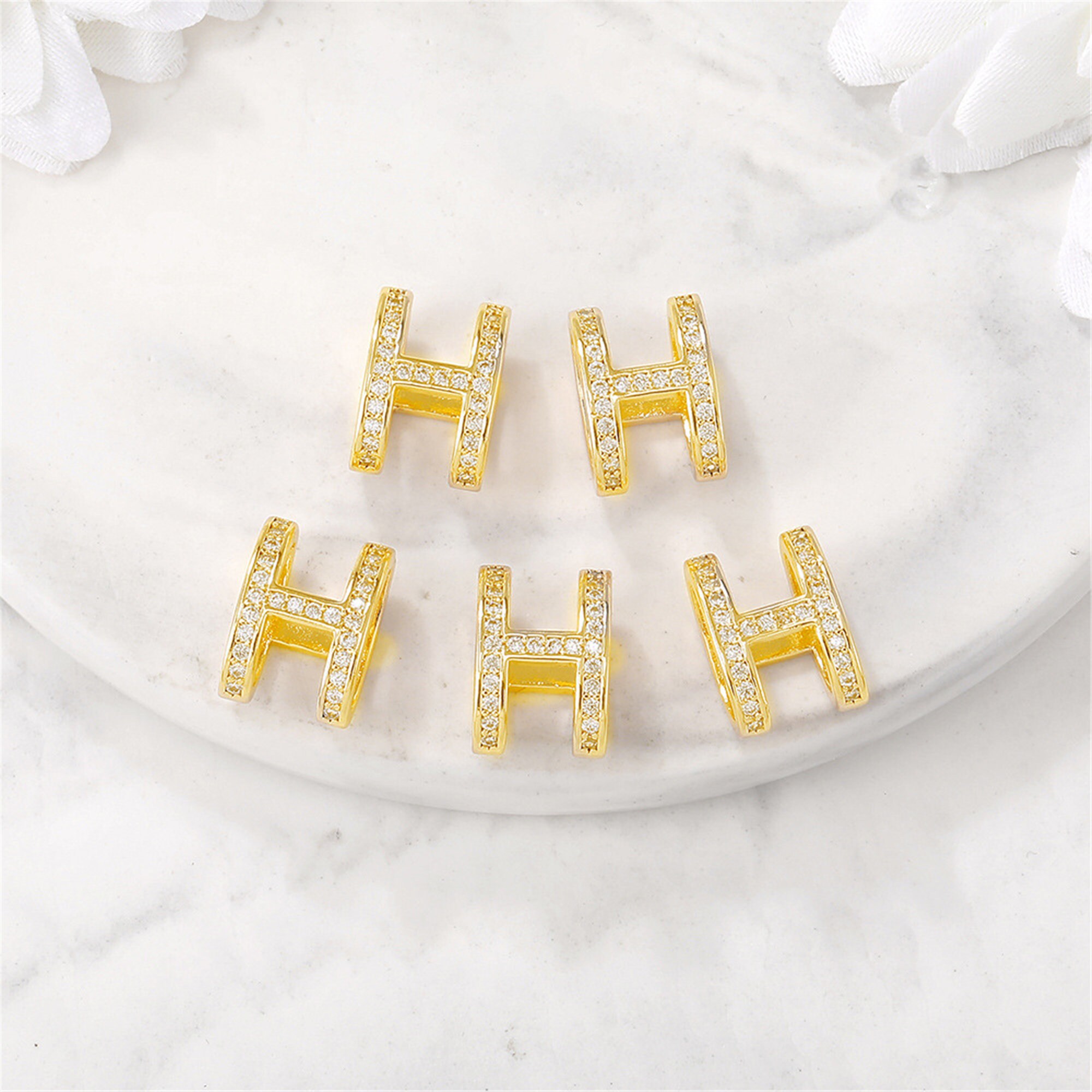 2pcs 8.5x12mm 24K Gold Brass Zircon H Charm,earring/bracelet