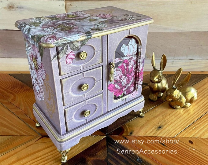 Vintage Small Pink Jewelry Box, Decor Transferred, Stenciled, Pink and