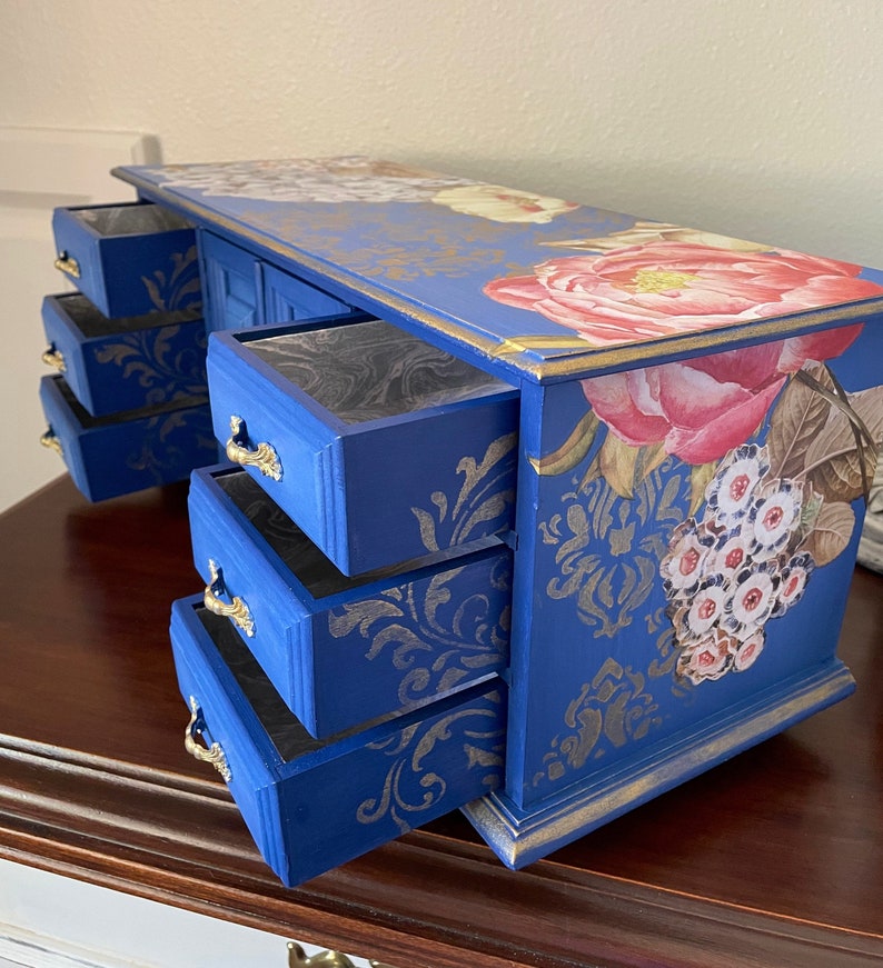 Large Jewelry Box Cottage Chic Hand Painted Indigo Blue and Goldleaf Decor Transferred and Stenciled Shabby Chic Gift for Her