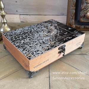 Up-cycled Cigar Jewelry Box: Map Decoupaged and lined with cotton fabric
