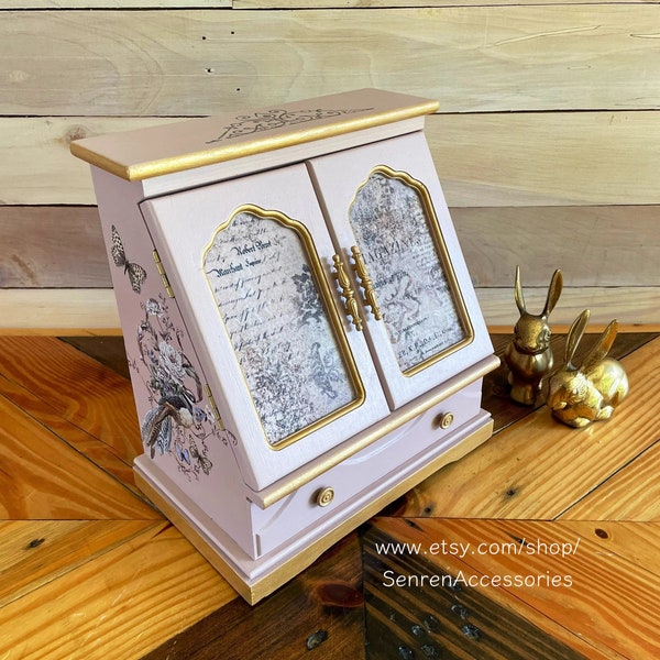 Vintage Pale Pink Jewelry Box, Decor Transferred, Decoupaged, Stamped, French Country, Hand painted, Refurbished, Gift for her, Girls,Ladies