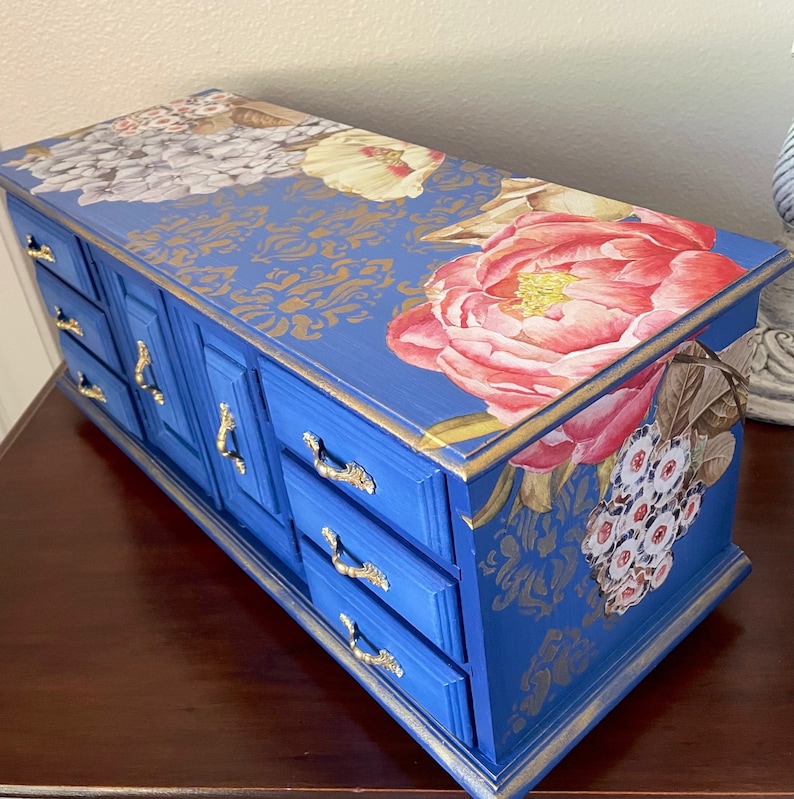 Large Jewelry Box Cottage Chic Hand Painted Indigo Blue and Goldleaf Decor Transferred and Stenciled Shabby Chic Gift for Her