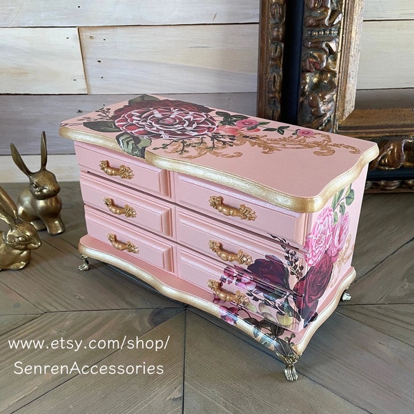 French Country Apricot Pink Vintage Jewelry Box, Decoupaged, Pink & Gold Hand painted, Shabby Chic, French Provincial, Gift for Her, Ladies