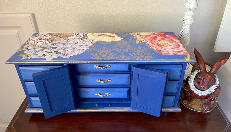 Large Jewelry Box Cottage Chic Hand Painted Indigo Blue and Goldleaf Decor Transferred and Stenciled Shabby Chic Gift for Her