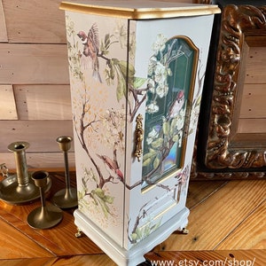 Vintage Tall Jewelry Box, Charlotte Grey & Gold Hand Painted, Decor Transferred, Stenciled, French Country, Cottage, Gift for her, Ladies