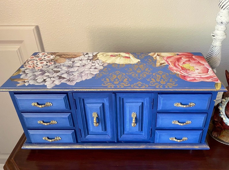 Large Jewelry Box Cottage Chic Hand Painted Indigo Blue and Goldleaf Decor Transferred and Stenciled Shabby Chic Gift for Her