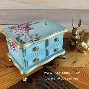 French Provincial Style Vintage Small Jewelry Box, Decor Transferred, Blue & Cream Ombre Painted, Shabby Chic, Ladies, Girls, Gift for her