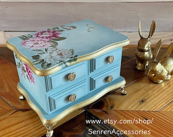 French Provincial Style Vintage Small Jewelry Box, Decor Transferred, Blue & Cream Ombre Painted, Shabby Chic, Ladies, Girls, Gift for her