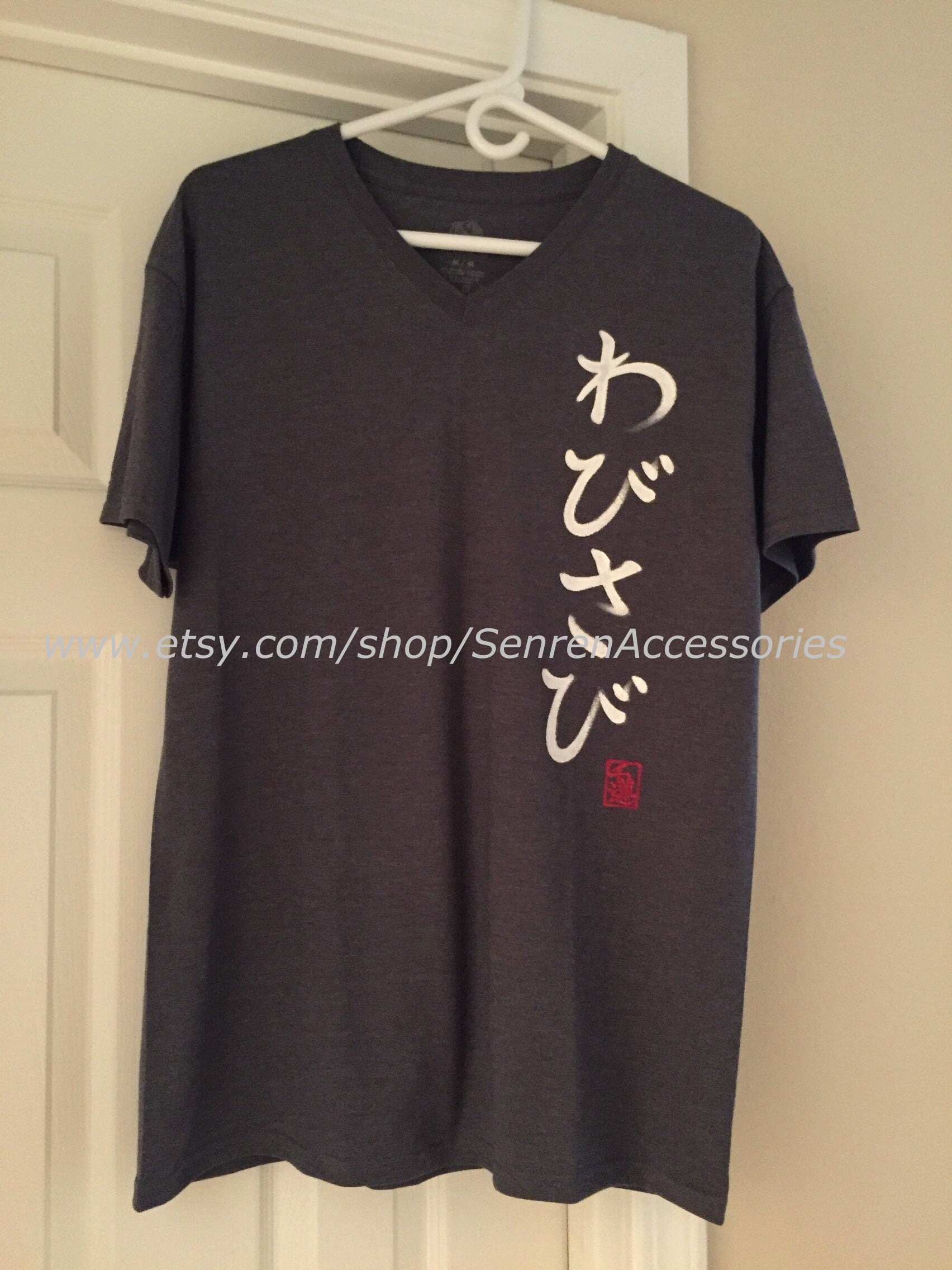 Wabi Sabi Hand Painted V Neck Tee,japanese T-shirt,shodo T