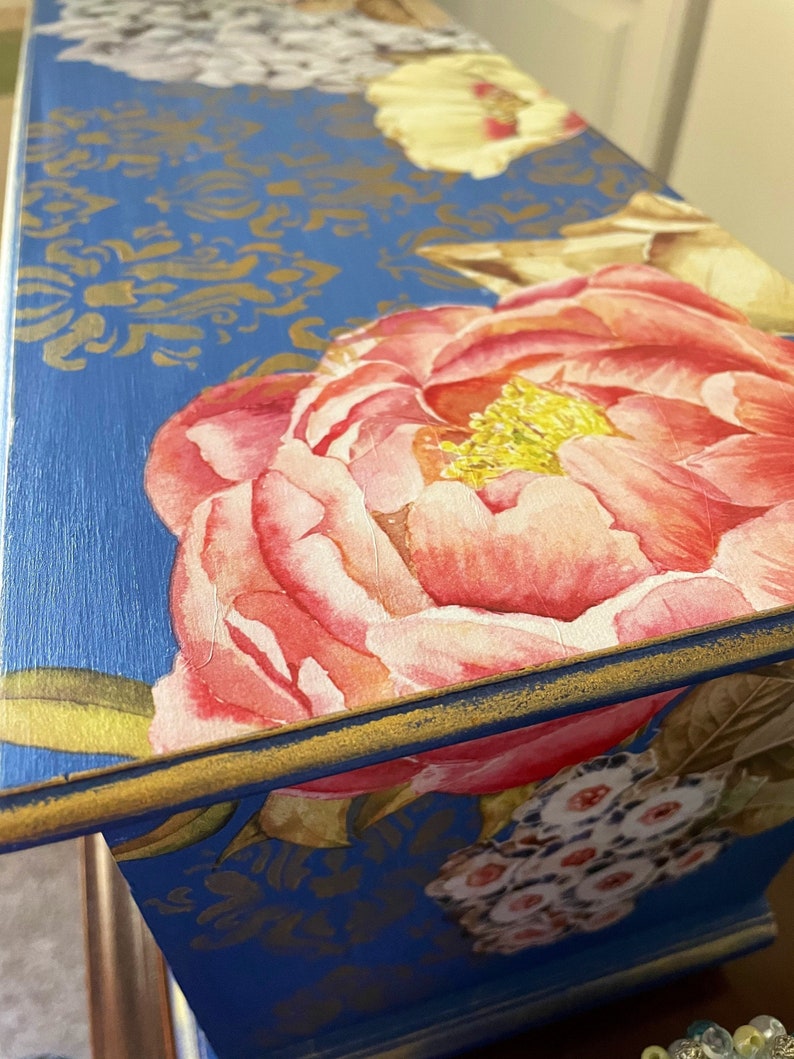 Large Jewelry Box Cottage Chic Hand Painted Indigo Blue and Goldleaf Decor Transferred and Stenciled Shabby Chic Gift for Her