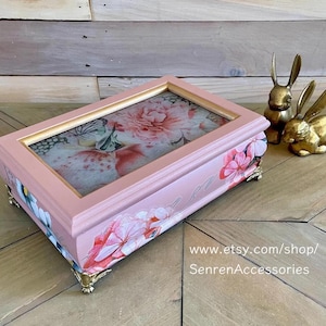 Vintage Decoupaged Jewelry Box: Apricot Pink Chalk Painted, French Country, Decor Transferred, Ladies, Girls