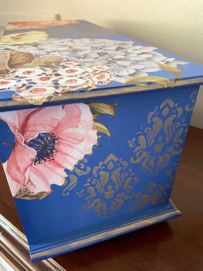 Large Jewelry Box Cottage Chic Hand Painted Indigo Blue and Goldleaf Decor Transferred and Stenciled Shabby Chic Gift for Her