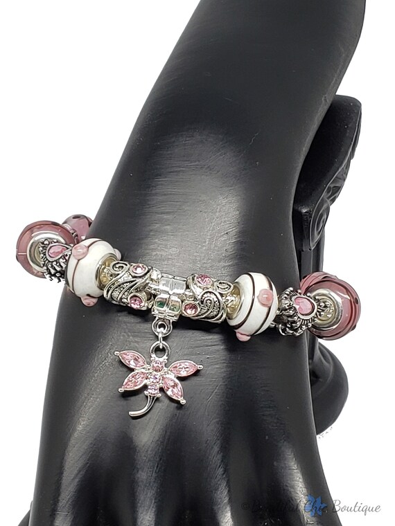 Pink Butterfly Crown European Style Charm Bracelet Gift for Girls Flower 