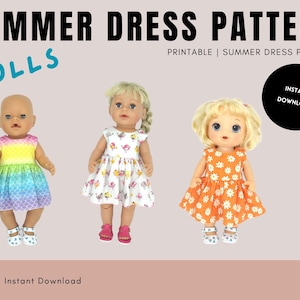 May include: Printable summer dress pattern for dolls. The image shows three dolls wearing different dresses: a rainbow ombre dress, a white dress with a floral print, and an orange dress with white flowers. The text "Instant Download" is visible at the bottom of the image.