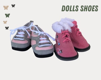 Doll Shoes (2 Pairs) | Pink Embroidered Boots & Grey Sneakers