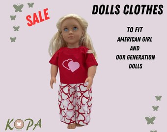 DOLLS CLOTHES | Red, White and Pink Heart PJs to fit Our Generation / American Girl