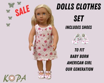 Handmade Doll Dress & Shoes | Pink Flower Print, Fits 18-inch Dolls