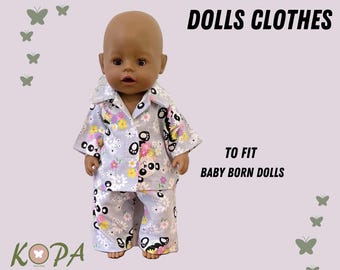 Grey Panda Doll Pajamas | Fits Baby Born 16" Dolls