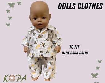 Handmade Doll Pajamas | Grey Bee PJs for Baby Born 16" Dolls