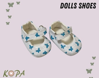 White Mary Jane Doll Shoes | Blue Butterfly Print, Fits Baby Born & American Girl Dolls