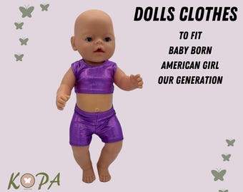 Purple Glitter Doll Clothes | Bike Shorts & Crop Top Set