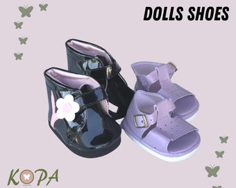 Doll Shoe Set | Black Flower Boots & Mauve Sandals