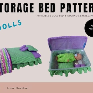 May include: Printable pattern for a doll bed with storage. The bed is made from a clear plastic storage bin with a purple fabric cover. The bed is decorated with a green and white striped sheet, a purple and pink zig-zag patterned blanket, and two purple pillows. The bed is shown with a doll lying on it. The pattern is available for instant download.