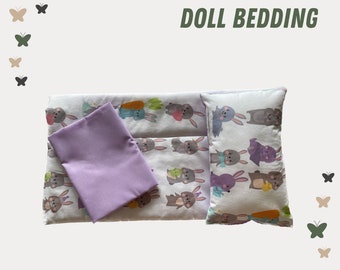 DOLL QUILT | Bunny Doll Quilt, Sheet & Pillow Set for Doll Pram or Cot