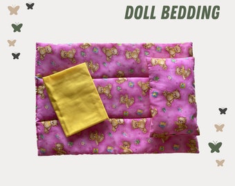 DOLL QUILT | Pink Bear Doll Quilt, Sheet & Pillow Set for Doll Pram or Cot