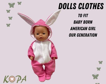 DOLLS CLOTHES || Pink and White Bunny onesie to fit Baby Born / Our Generation / American Girl