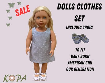 DOLLS CLOTHES || Blue Dress with white embroided diamonds & white butterfly mary jane shoes to fit Baby Born, Our Generation, American Girl