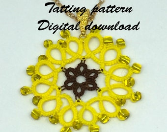 Pattern for sunflower necklace, pdf tatting pattern, shuttle tatting pattern, tatted jewellery, lace pattern, frivolite, pattern download