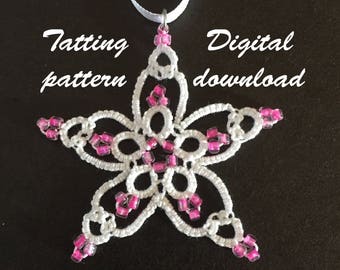 Shuttle tatting pattern, Christmas star pattern, beaded star design, lace snowflake pattern, digital download tatting pattern, frivolite