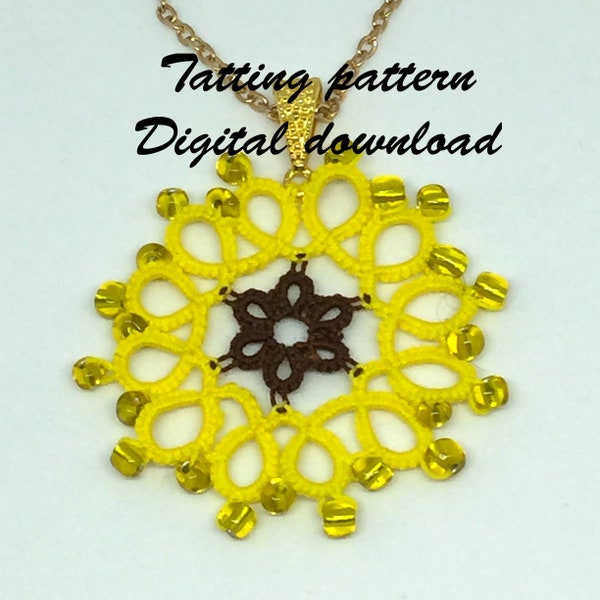 Pattern for sunflower necklace, pdf tatting pattern, shuttle tatting pattern, tatted jewellery, lace pattern, frivolite, pattern download