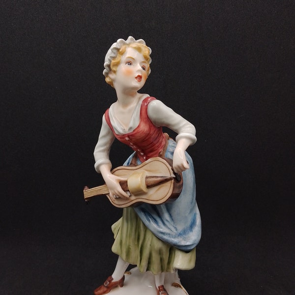 Vintage 1960s Goebel Bochmann Hurdy Gurdy Player Figurine FR23, German China, Girl with Violin/Lute