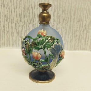 Vintage Glass Perfume Bottle, Hand-Painted Floral Design with Brass Top, Collectible Vanity Decor, Elegant Gift for Her