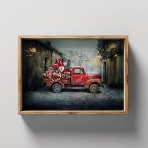 Valentine&#39;s Day Red Truck Wall Art – Vintage Pickup with Hearts – Horizontal Romantic Decor