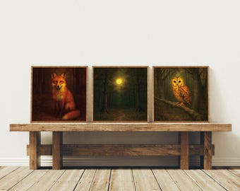 Gallery Wall Set - Dark Academia Prints - Woodland Animal Art - Moody Vintage Prints - Gothic Home Decor - Set of 3 Prints